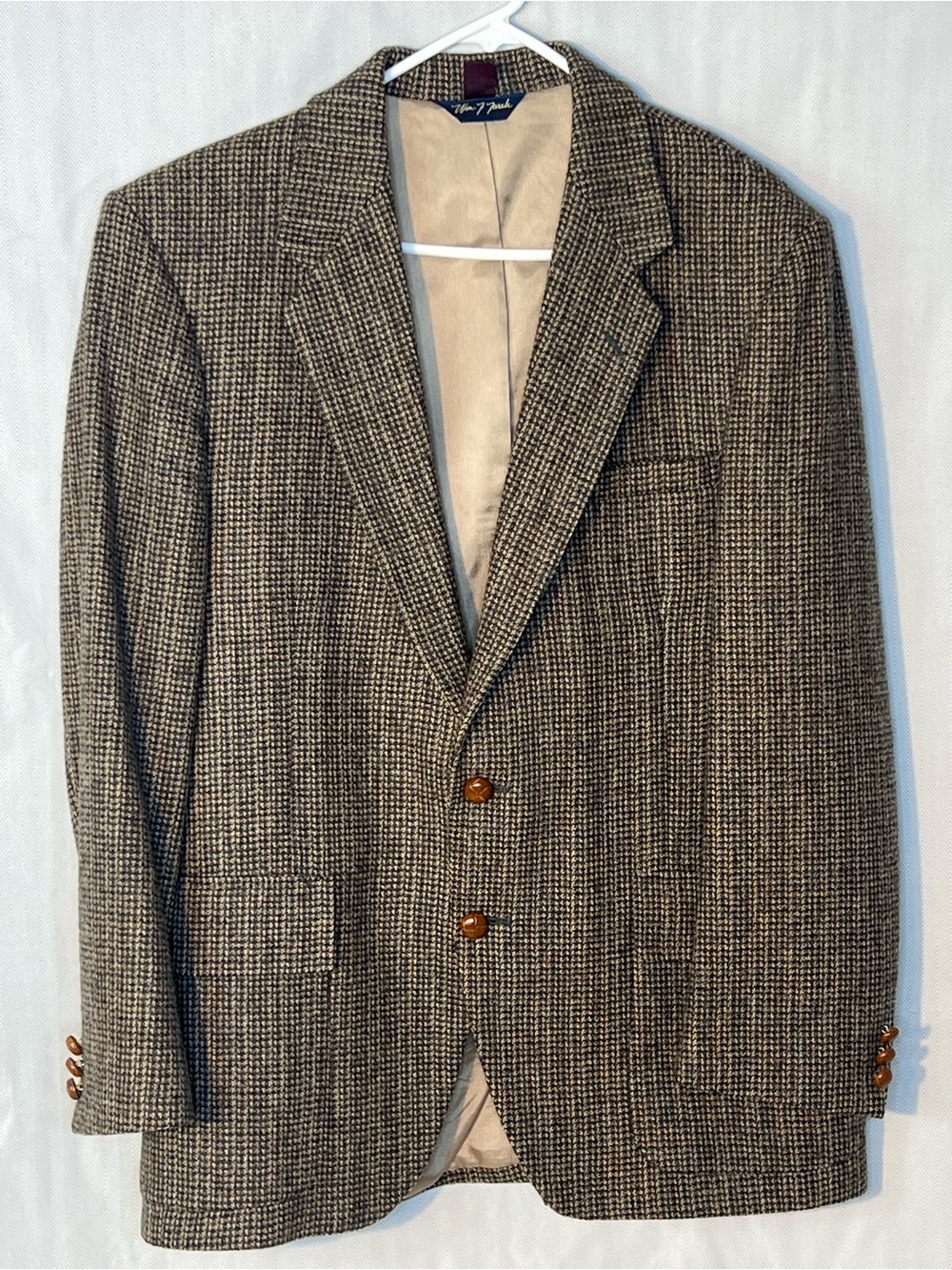 WM F. Farrah Blazer Brown & Tan Wool Houndstooth Two Button Flap Pockets 42R 👍